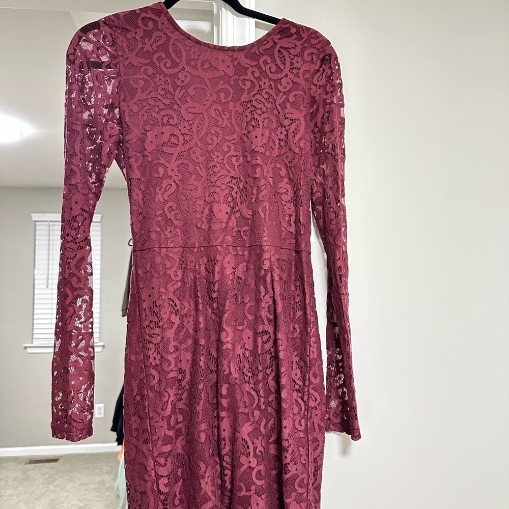 Tobi Burgundy Lace Long Sleeve Dress